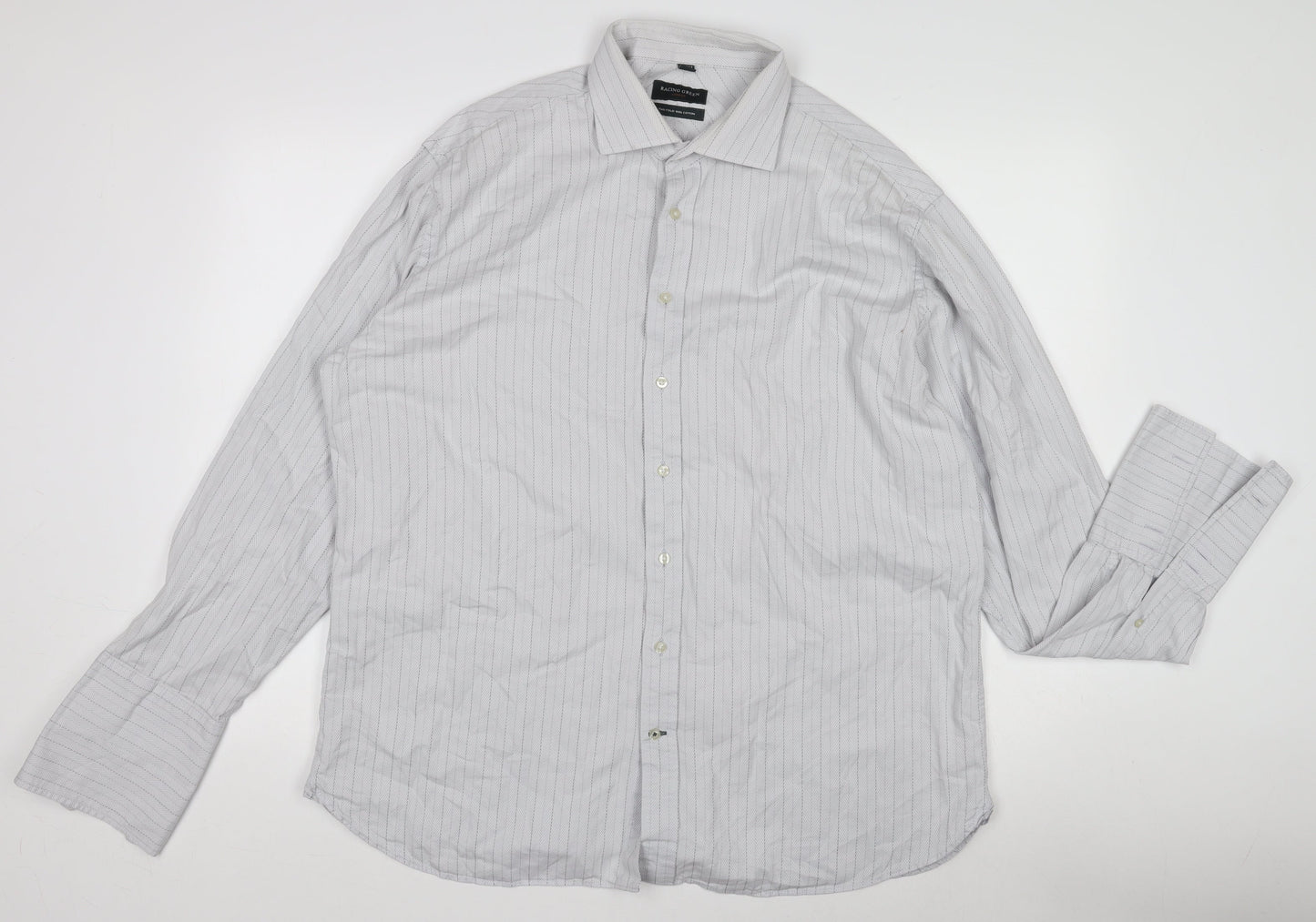 Racing Green Men’s Grey Striped 100% Cotton Long Sleeve Formal Shirt Size L