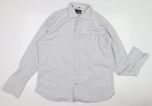 Racing Green Men’s Grey Striped 100% Cotton Long Sleeve Formal Shirt Size L