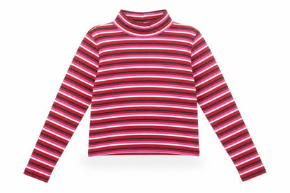 Vintage Women's Red Striped Roll Neck Cropped Jersey Long Sleeve T-Shirt Size M