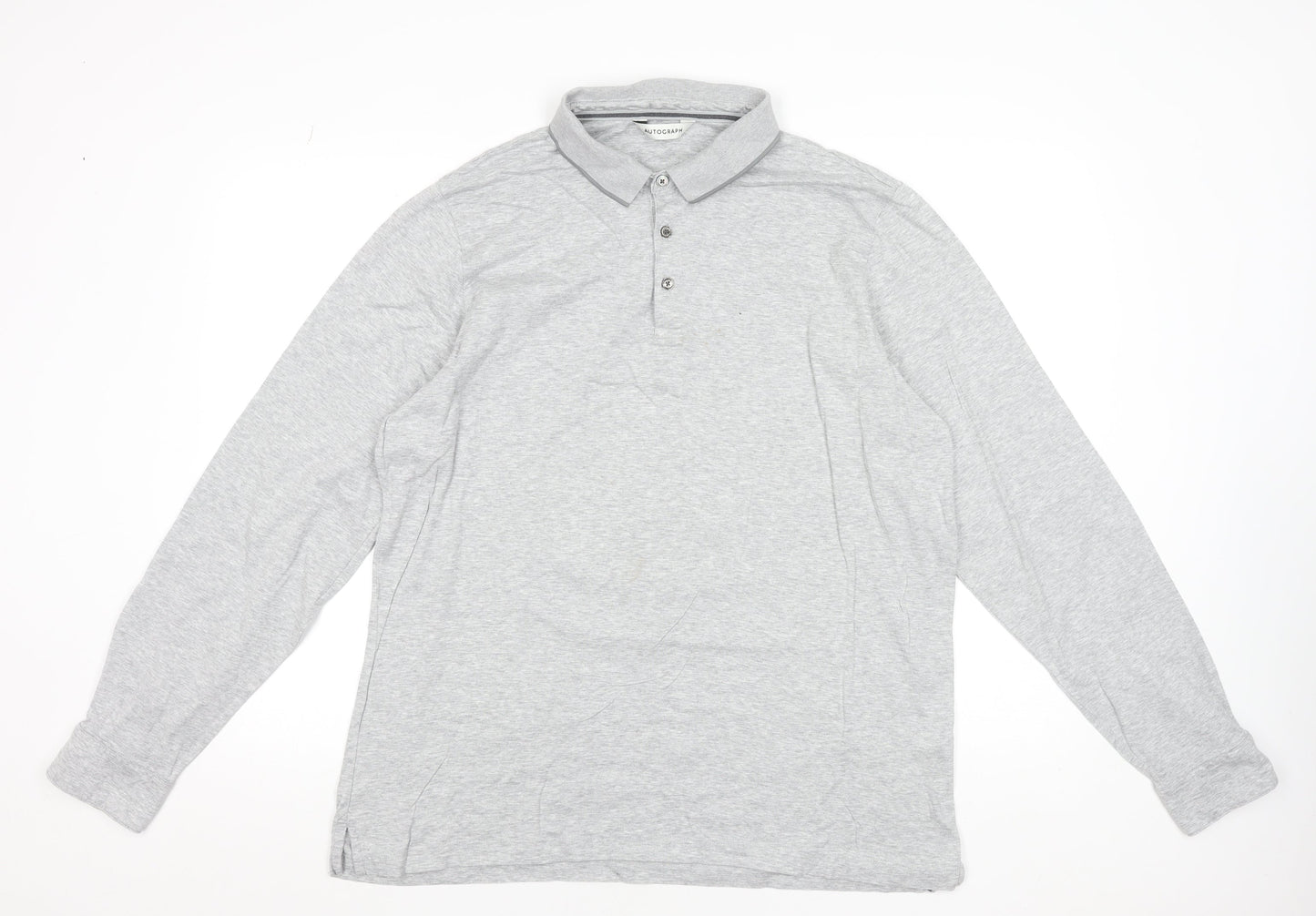 Marks and Spencer Men's Grey Long Sleeve Cotton Polo Shirt XL