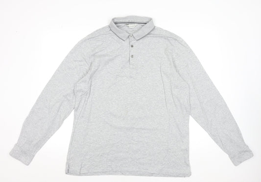 Marks and Spencer Men's Grey Long Sleeve Cotton Polo Shirt XL
