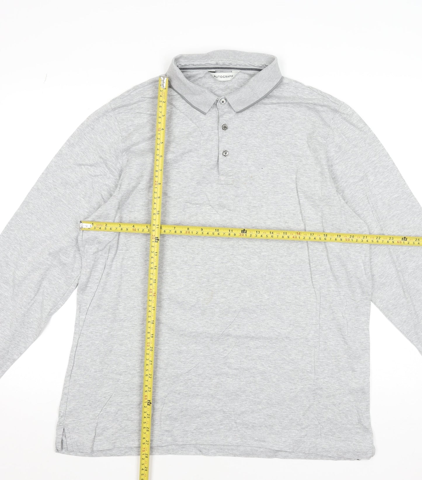 Marks and Spencer Men's Grey Long Sleeve Cotton Polo Shirt XL