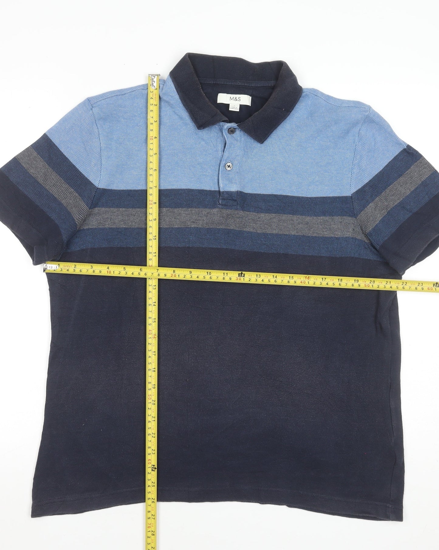 Marks and Spencer Men's Blue Striped Cotton Polo Shirt L Regular Fit