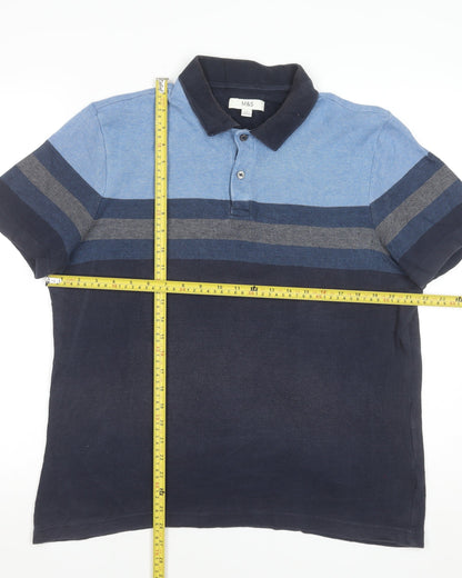 Marks and Spencer Men's Blue Striped Cotton Polo Shirt L Regular Fit