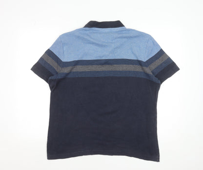Marks and Spencer Men's Blue Striped Cotton Polo Shirt L Regular Fit