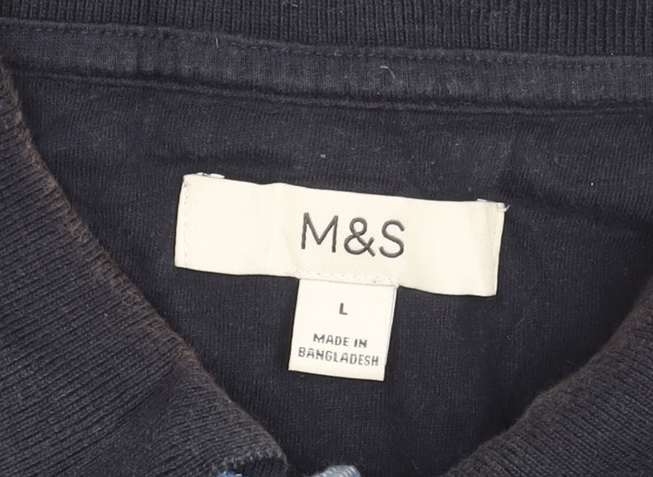 Marks and Spencer Men's Blue Striped Cotton Polo Shirt L Regular Fit