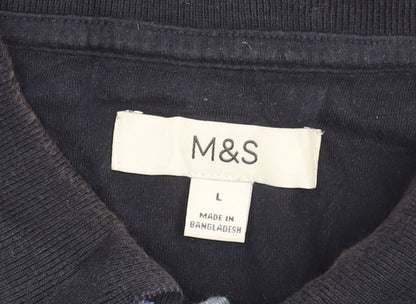 Marks and Spencer Men's Blue Striped Cotton Polo Shirt L Regular Fit