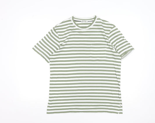 Jaeger Men Green White Striped Cotton Crew Neck Short Sleeve T-Shirt M