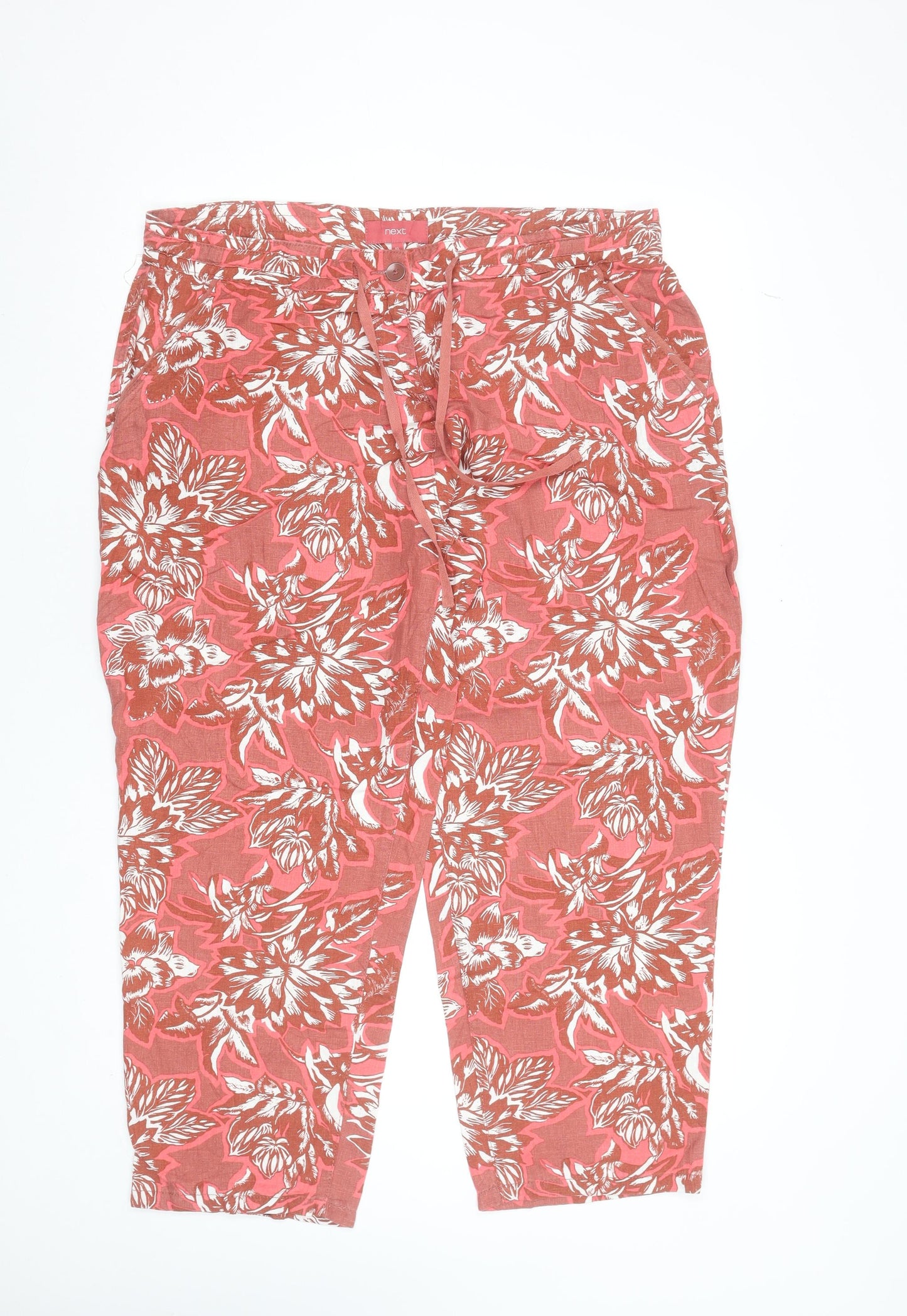 Next Women’s Coral Floral Linen Blend Cropped Trousers Size 16L