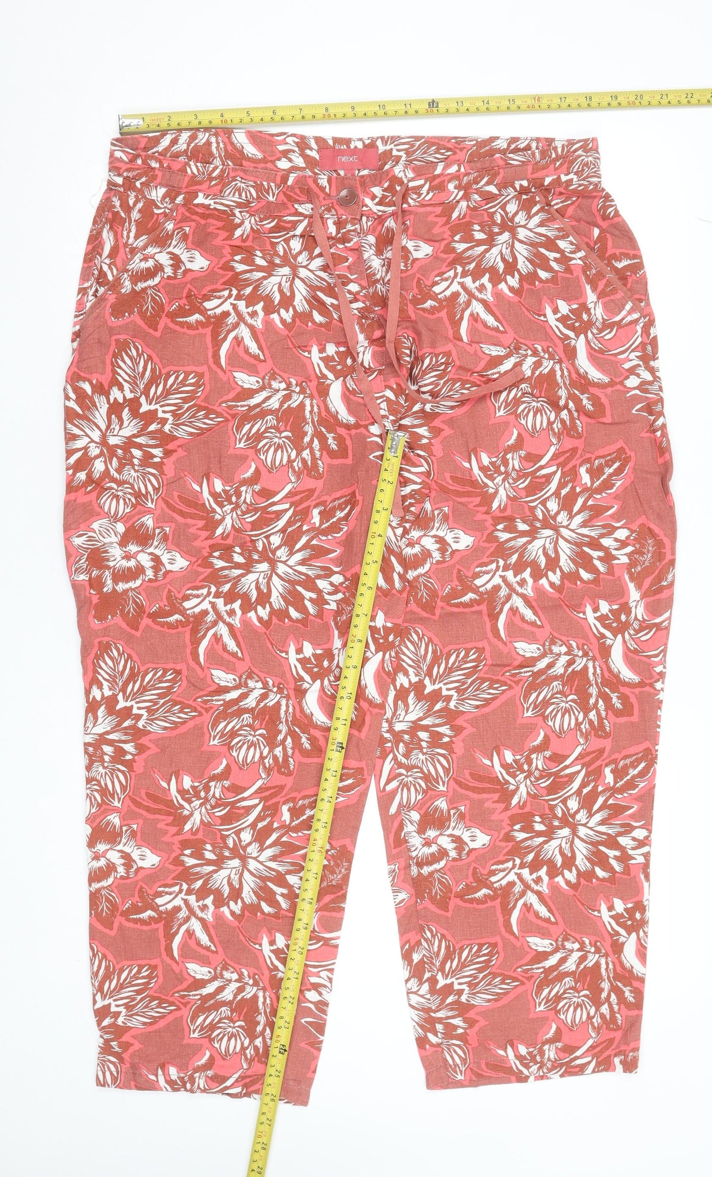 Next Women’s Coral Floral Linen Blend Cropped Trousers Size 16L