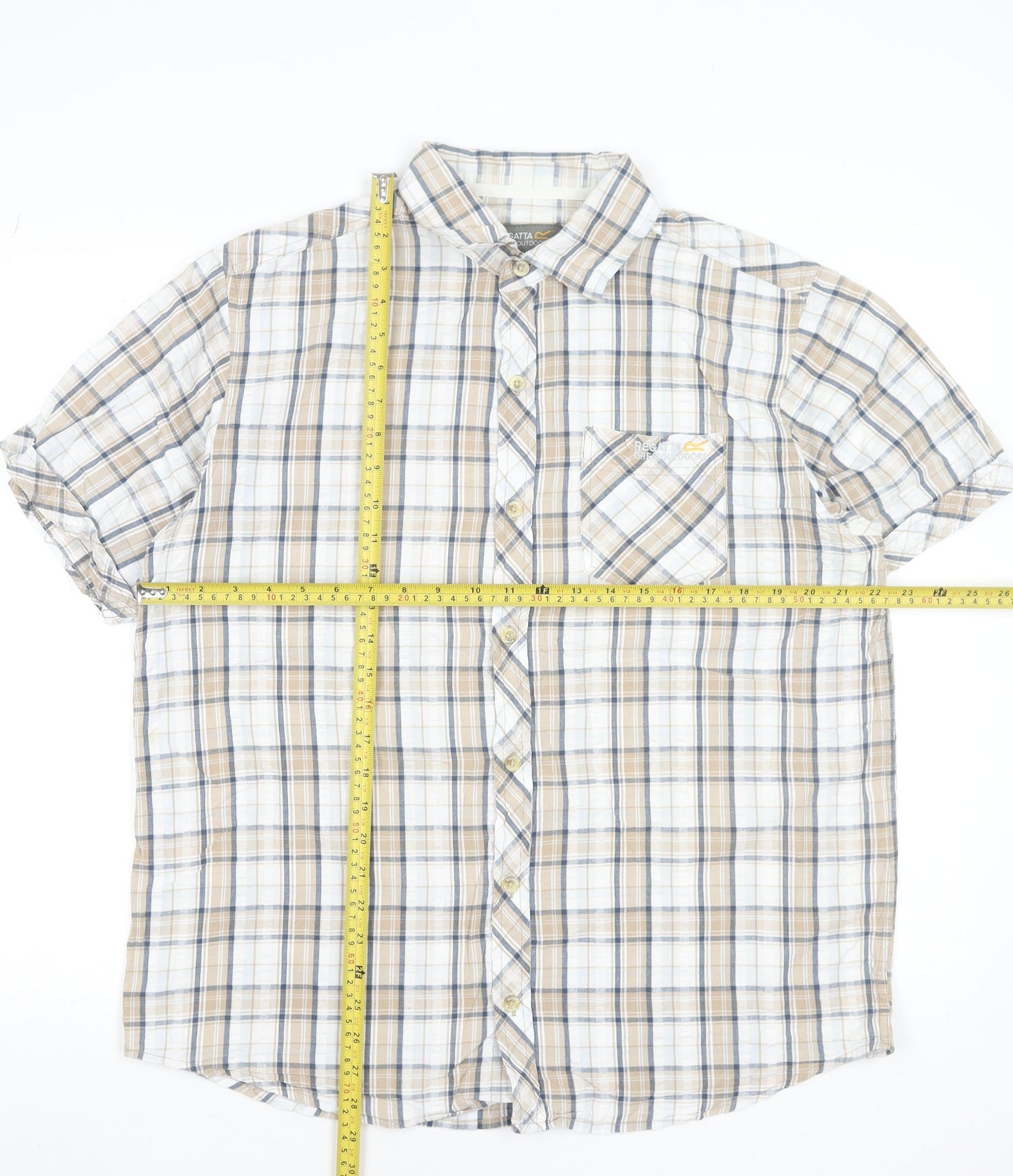 Regatta Men's Beige Check Short Sleeve Button-Up Cotton Shirt XL