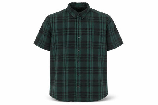 Front view of ASOS Men Green Plaid Cotton Short Sleeve Button-Up Shirt, size L