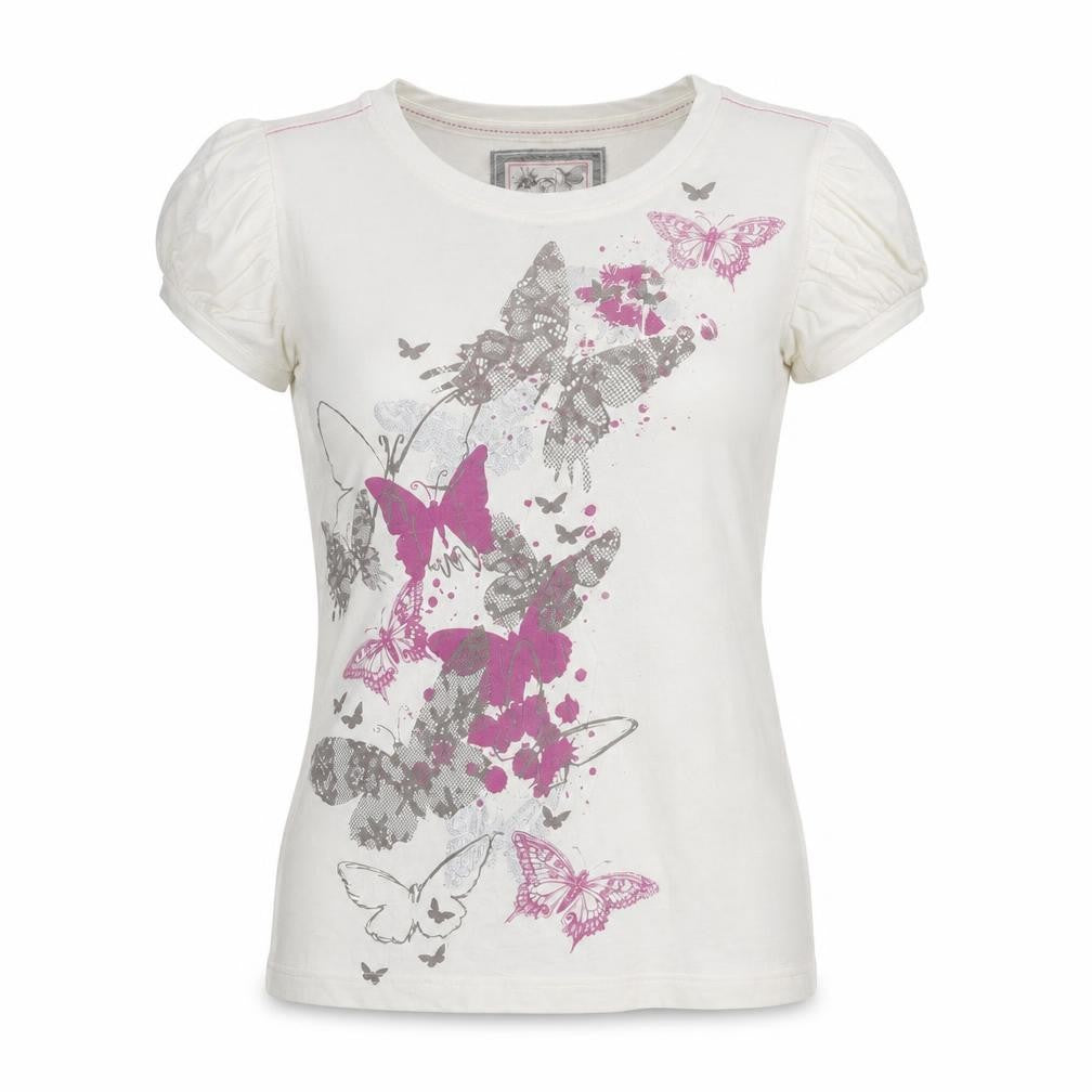 Front view of Marks & Spencer Women Ivory Butterfly T-Shirt Short Sleeve 100% Cotton Indigo JNR