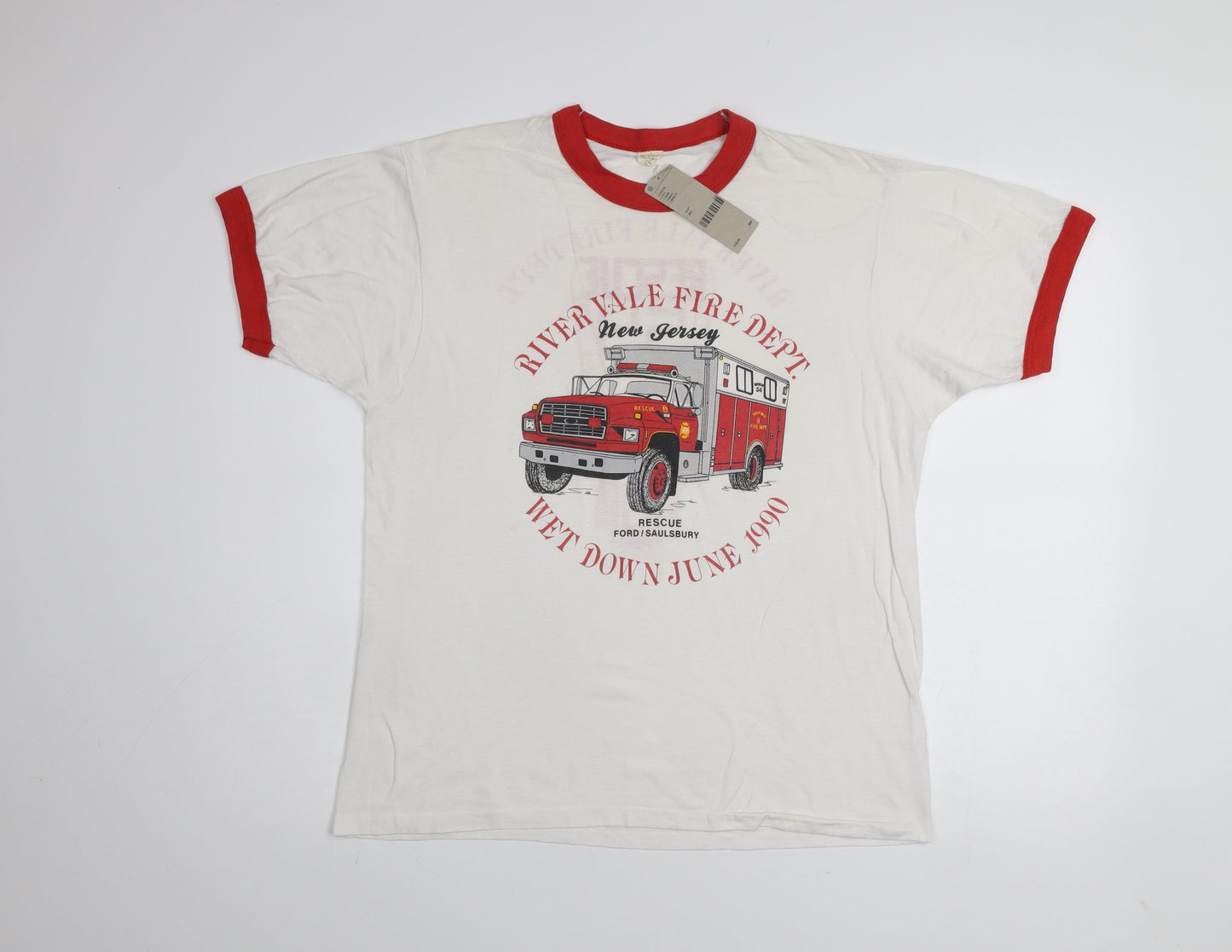 Urban Renewal Men's White Red Ringer T-Shirt River Vale Fire Dept Graphic M