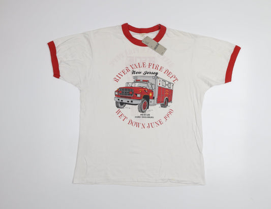 Urban Renewal Men's White Red Ringer T-Shirt River Vale Fire Dept Graphic M