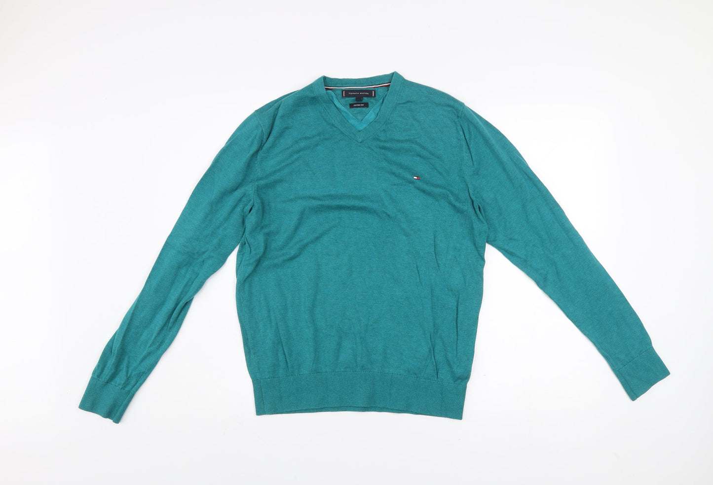 Tommy Hilfiger Men's Green Cotton Silk V-Neck Jumper M