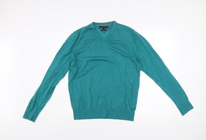 Tommy Hilfiger Men's Green Cotton Silk V-Neck Jumper M