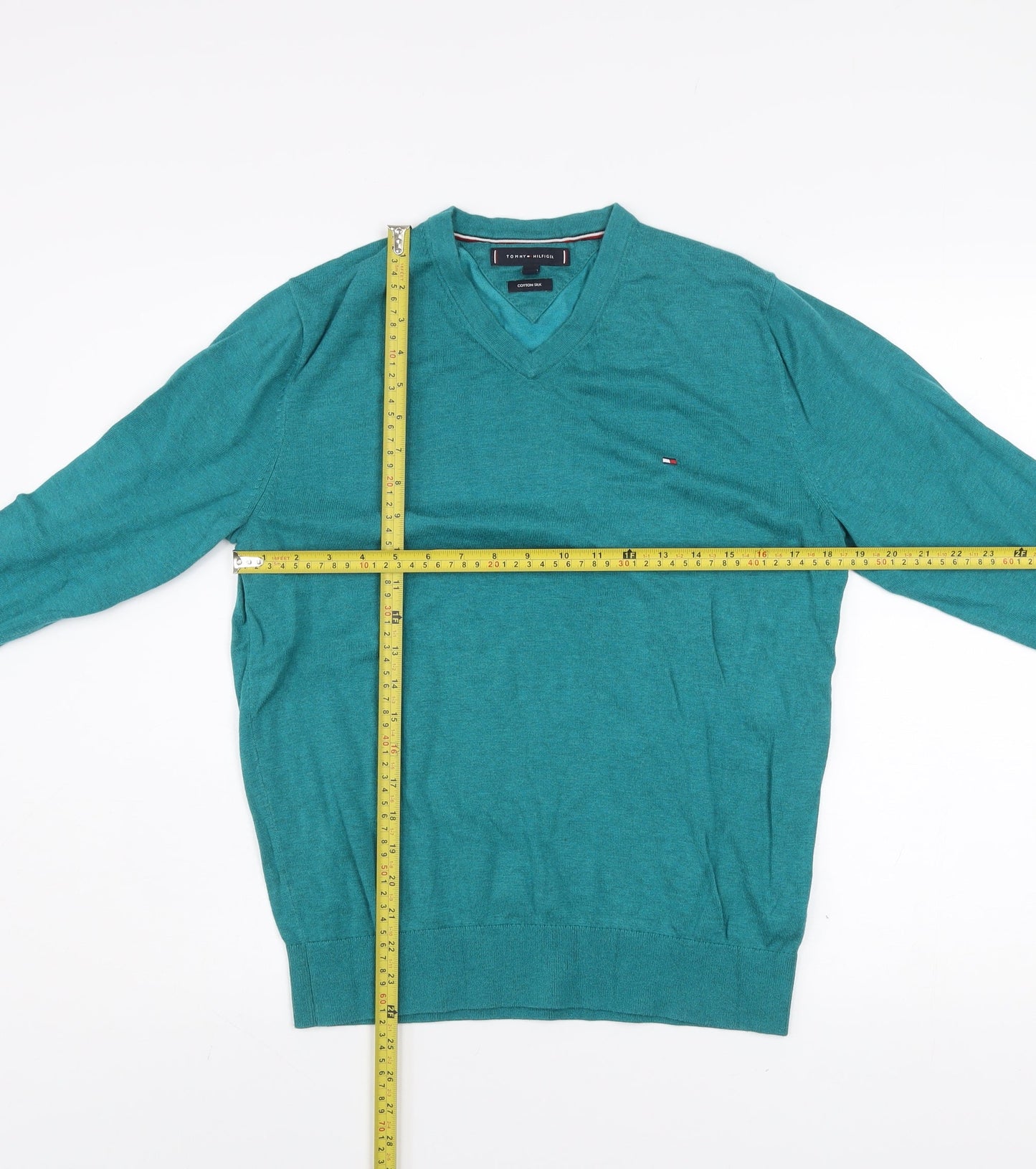 Tommy Hilfiger Men's Green Cotton Silk V-Neck Jumper M