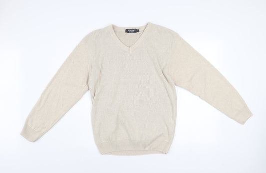 Fox Land Men's Beige V-Neck Cotton Blend Jumper M Classic Knitwear