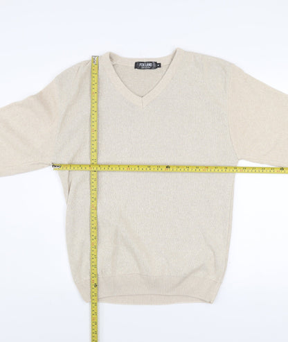 Fox Land Men's Beige V-Neck Cotton Blend Jumper M Classic Knitwear