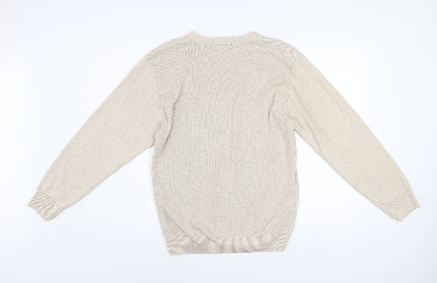 Fox Land Men's Beige V-Neck Cotton Blend Jumper M Classic Knitwear