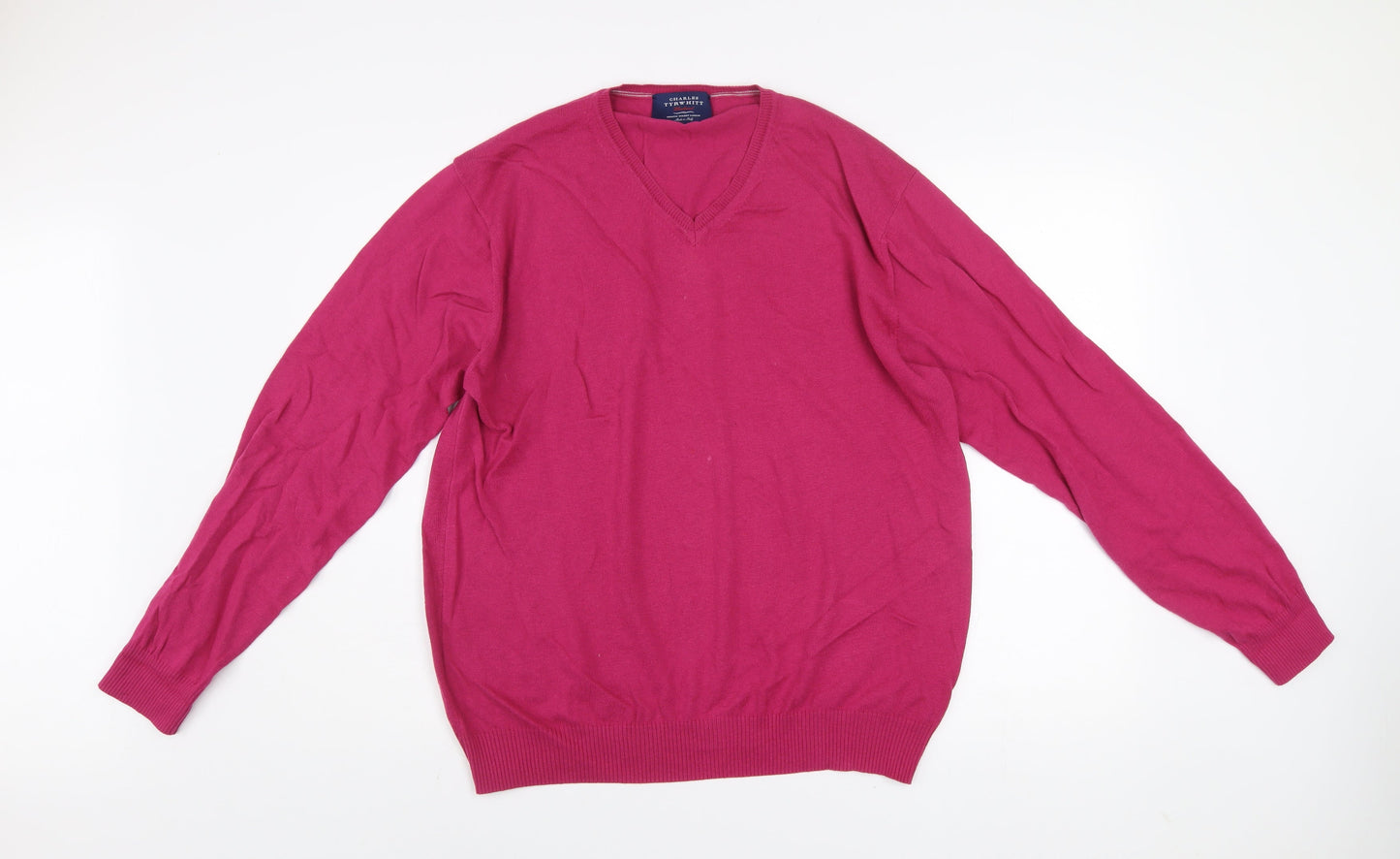 Charles Tyrwhitt Men's Pink V-Neck Cotton Cashmere Jumper Size L