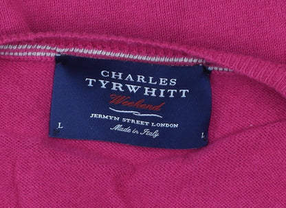 Charles Tyrwhitt Men's Pink V-Neck Cotton Cashmere Jumper Size L