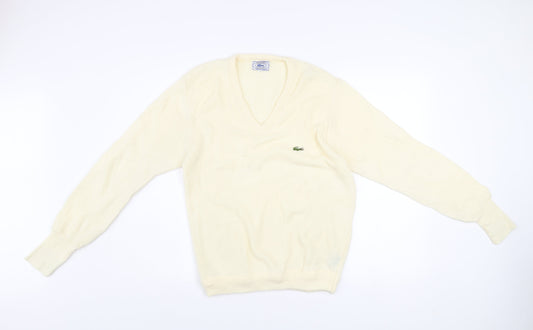 Lacoste Men’s Ivory Wool V-Neck Jumper Size M Classic Vintage