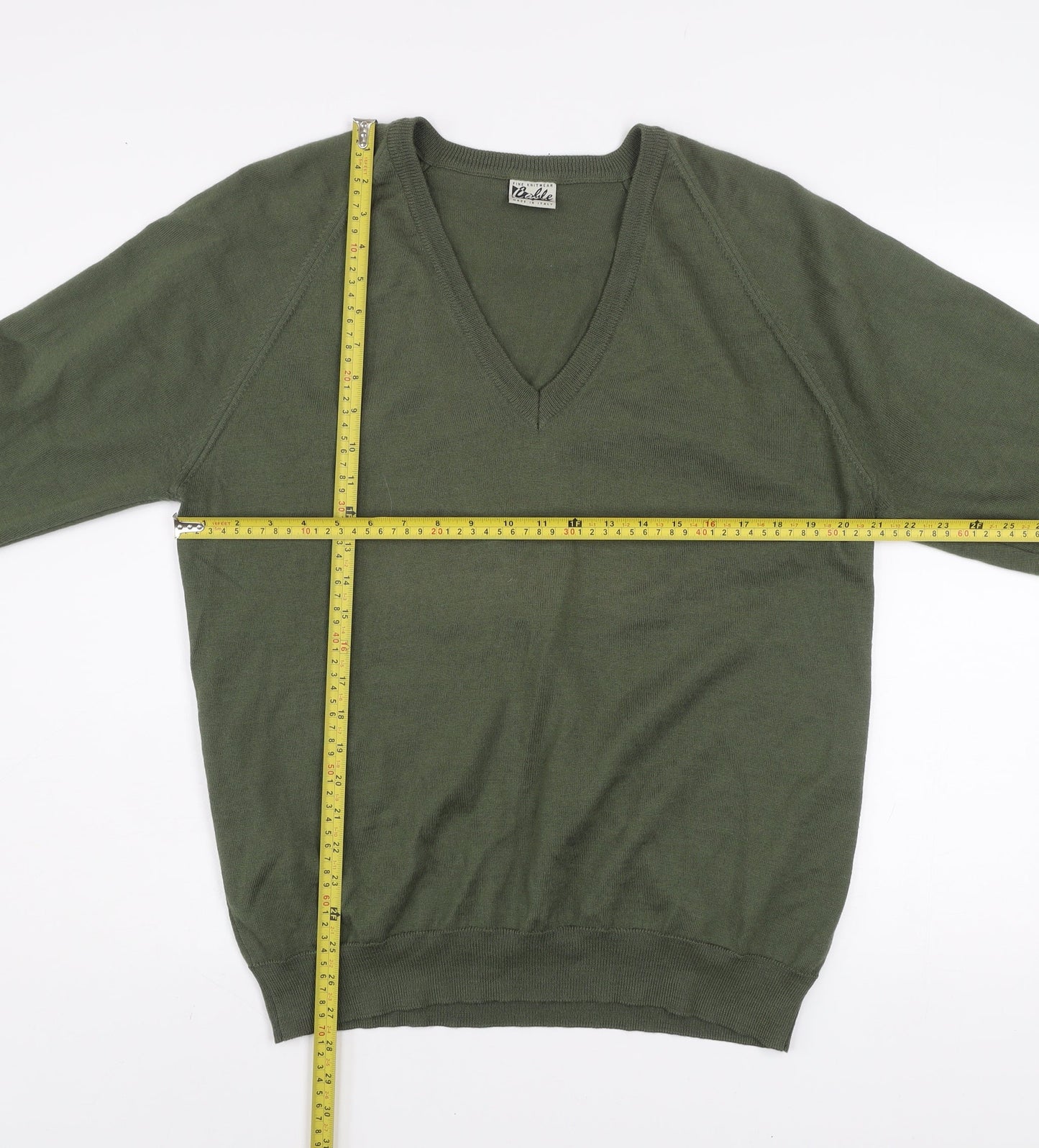 Cable Men’s Green Wool Blend V-Neck Fine Knit Jumper Size L