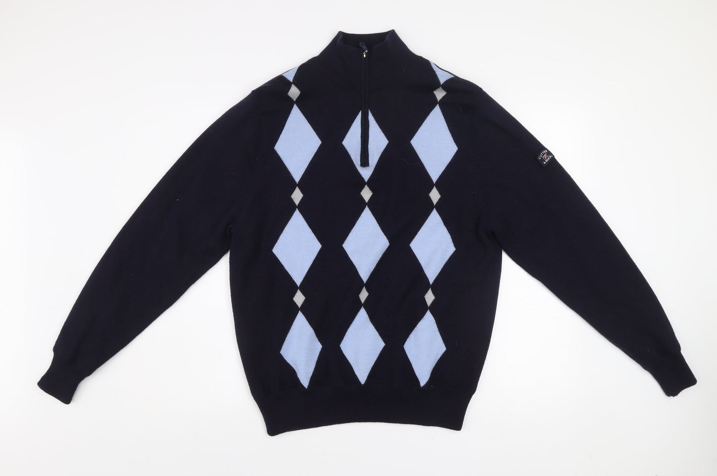Cutter & Buck Men's Blue Argyle 1/2 Zip Wool Blend Jumper M