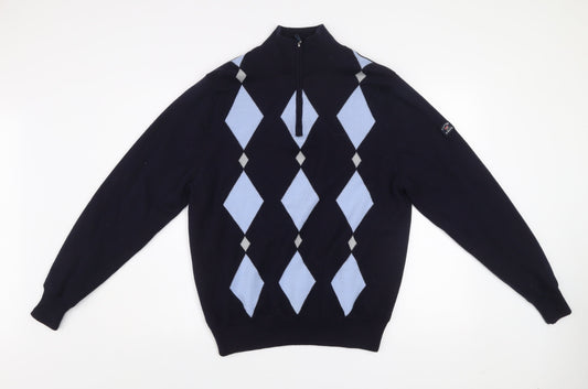 Cutter & Buck Men's Blue Argyle 1/2 Zip Wool Blend Jumper M