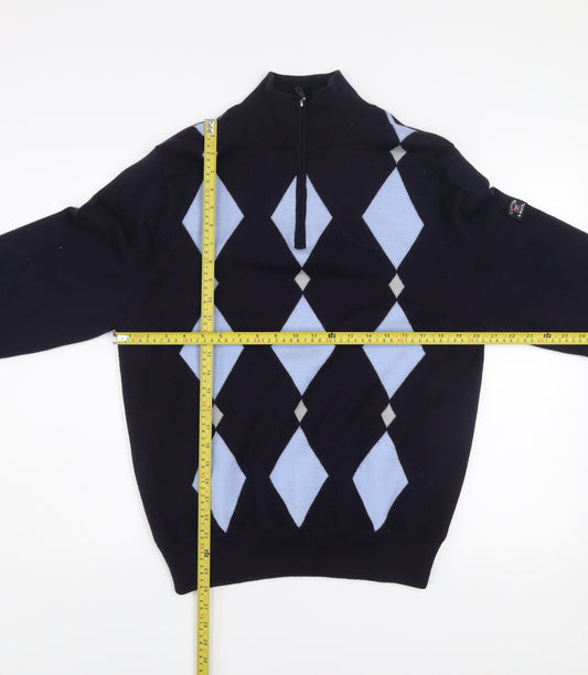 Cutter & Buck Men's Blue Argyle 1/2 Zip Wool Blend Jumper M