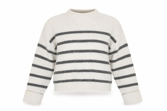 Front view of ASOS DESIGN Women’s White Grey Striped jumper, size S, Knit