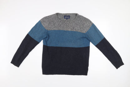 Criminal Mens Blue Grey Striped Crew Neck Wool Cotton Jumper Size S