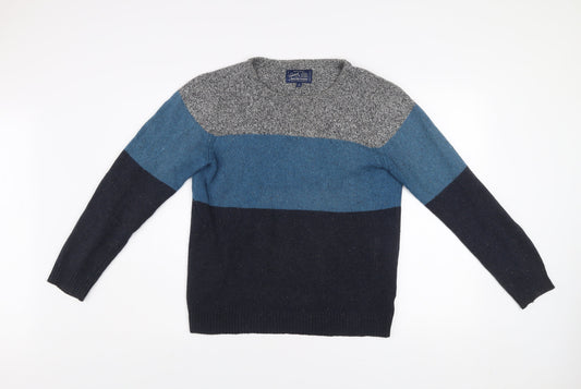 Criminal Mens Blue Grey Striped Crew Neck Wool Cotton Jumper Size S