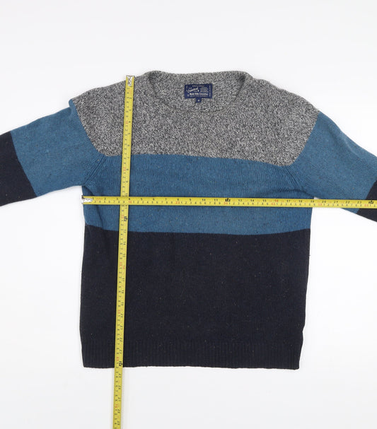 Criminal Mens Blue Grey Striped Crew Neck Wool Cotton Jumper Size S