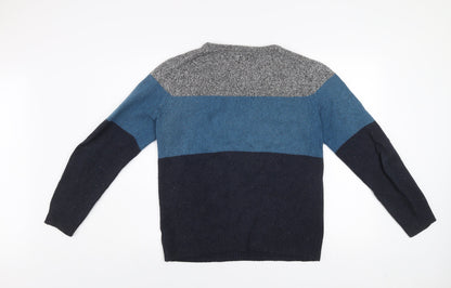 Criminal Mens Blue Grey Striped Crew Neck Wool Cotton Jumper Size S