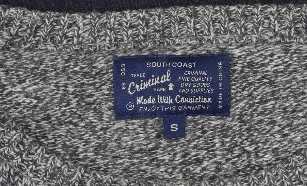 Criminal Mens Blue Grey Striped Crew Neck Wool Cotton Jumper Size S