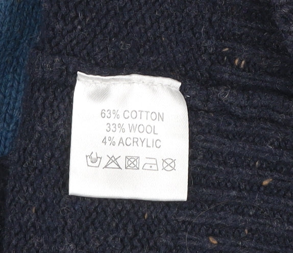 Criminal Mens Blue Grey Striped Crew Neck Wool Cotton Jumper Size S