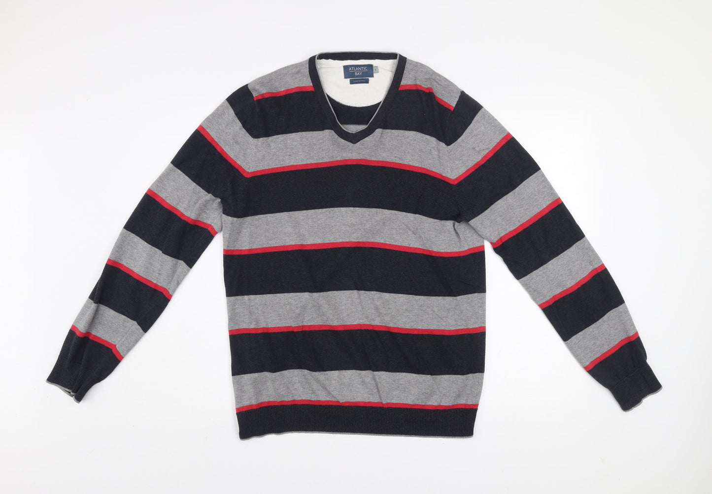 Atlantic Bay Men’s Multicoloured Cotton Striped V-Neck Jumper Small