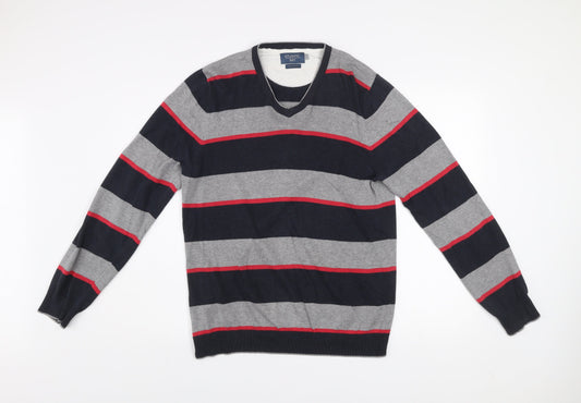 Atlantic Bay Men’s Multicoloured Cotton Striped V-Neck Jumper Small