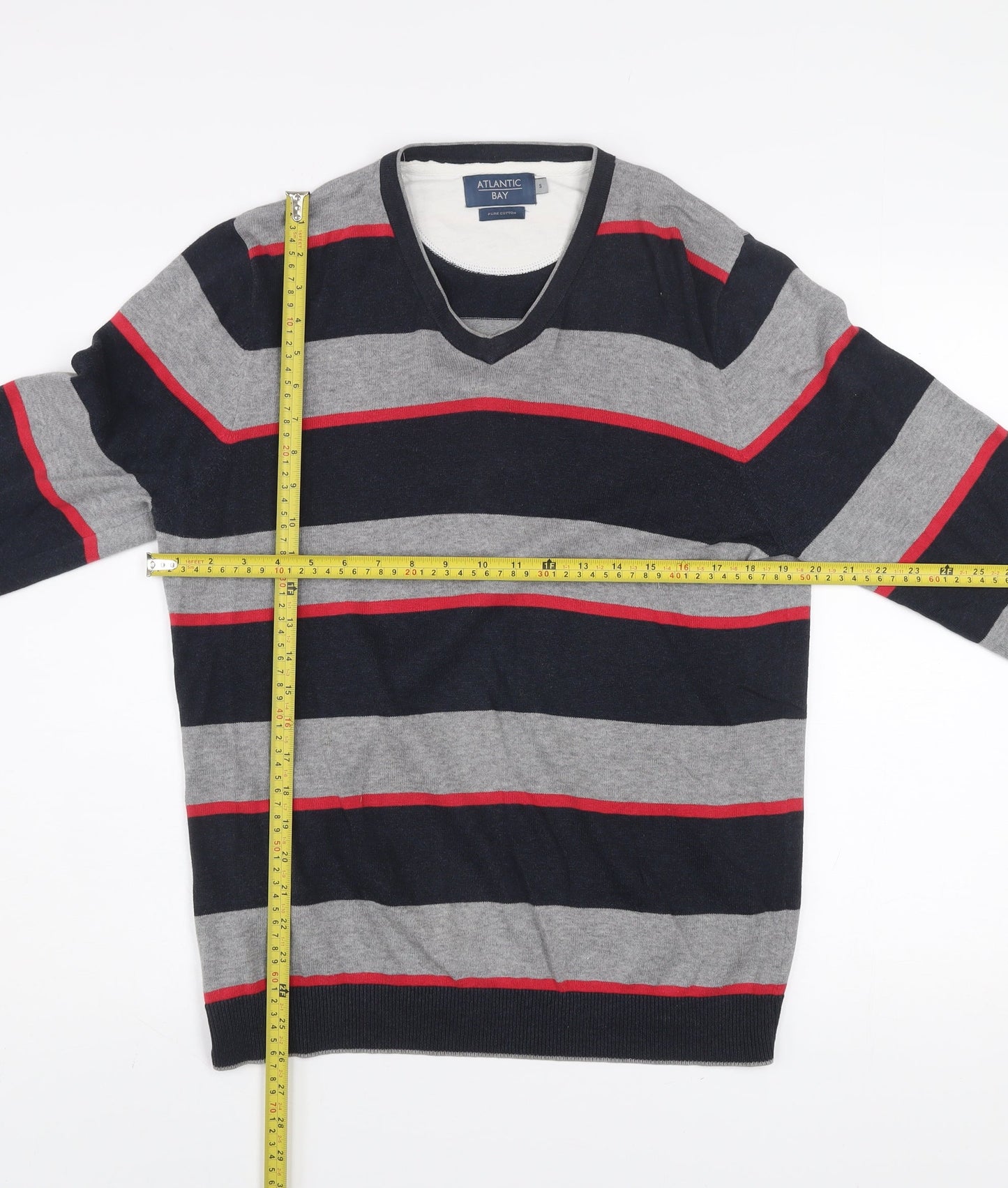 Atlantic Bay Men’s Multicoloured Cotton Striped V-Neck Jumper Small