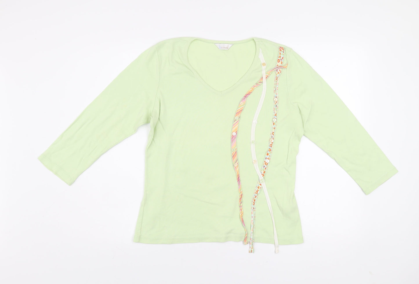b casual Womens Green 3/4 Sleeve V-Neck Cotton T-Shirt Size 14