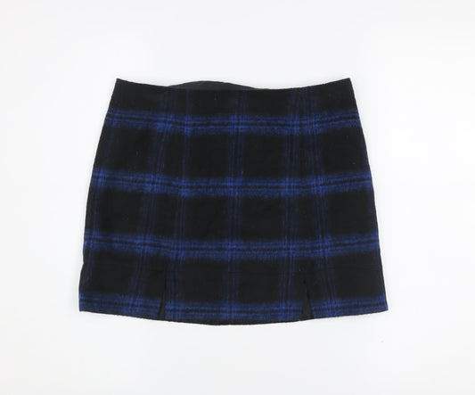 New Look Women’s Black Blue Plaid Wool Blend Mini Skirt Size 10