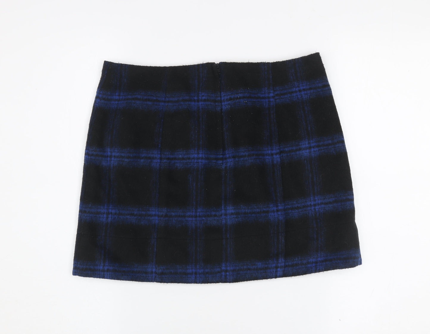 New Look Women’s Black Blue Plaid Wool Blend Mini Skirt Size 10