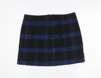 New Look Women’s Black Blue Plaid Wool Blend Mini Skirt Size 10