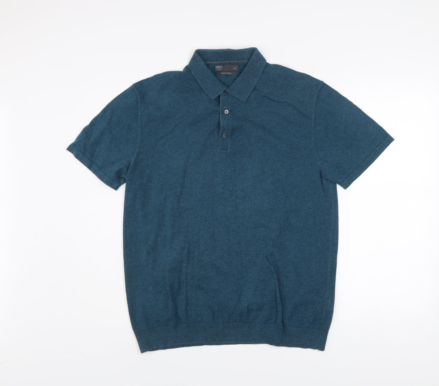 Marks and Spencer Men's Blue Cotton Rich Polo Shirt Size L