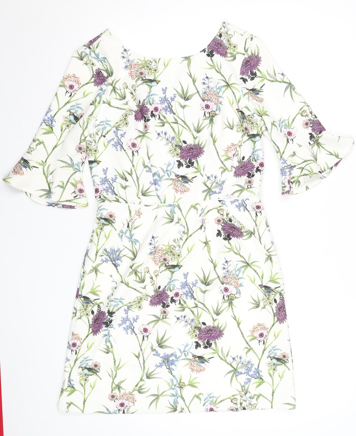 Oasis Women White Floral Shift Dress Size 10 Knee Length 3/4 Sleeve