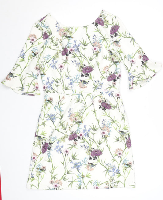 Oasis Women White Floral Shift Dress Size 10 Knee Length 3/4 Sleeve