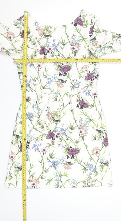 Oasis Women White Floral Shift Dress Size 10 Knee Length 3/4 Sleeve